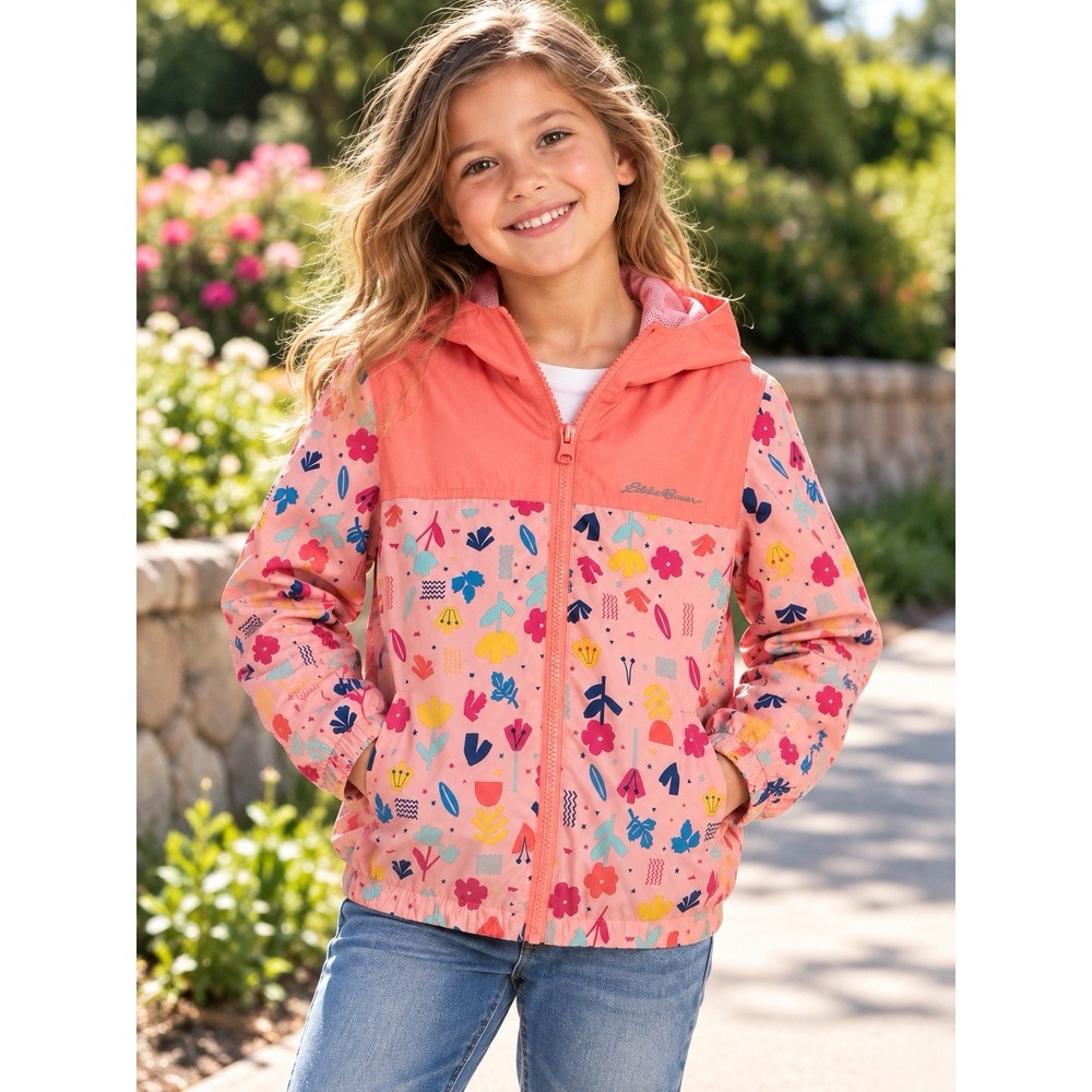 Eddie Bauer Kids Girls 7 Hooded Windbreaker Jacket Pink Floral Full Zip Pockets